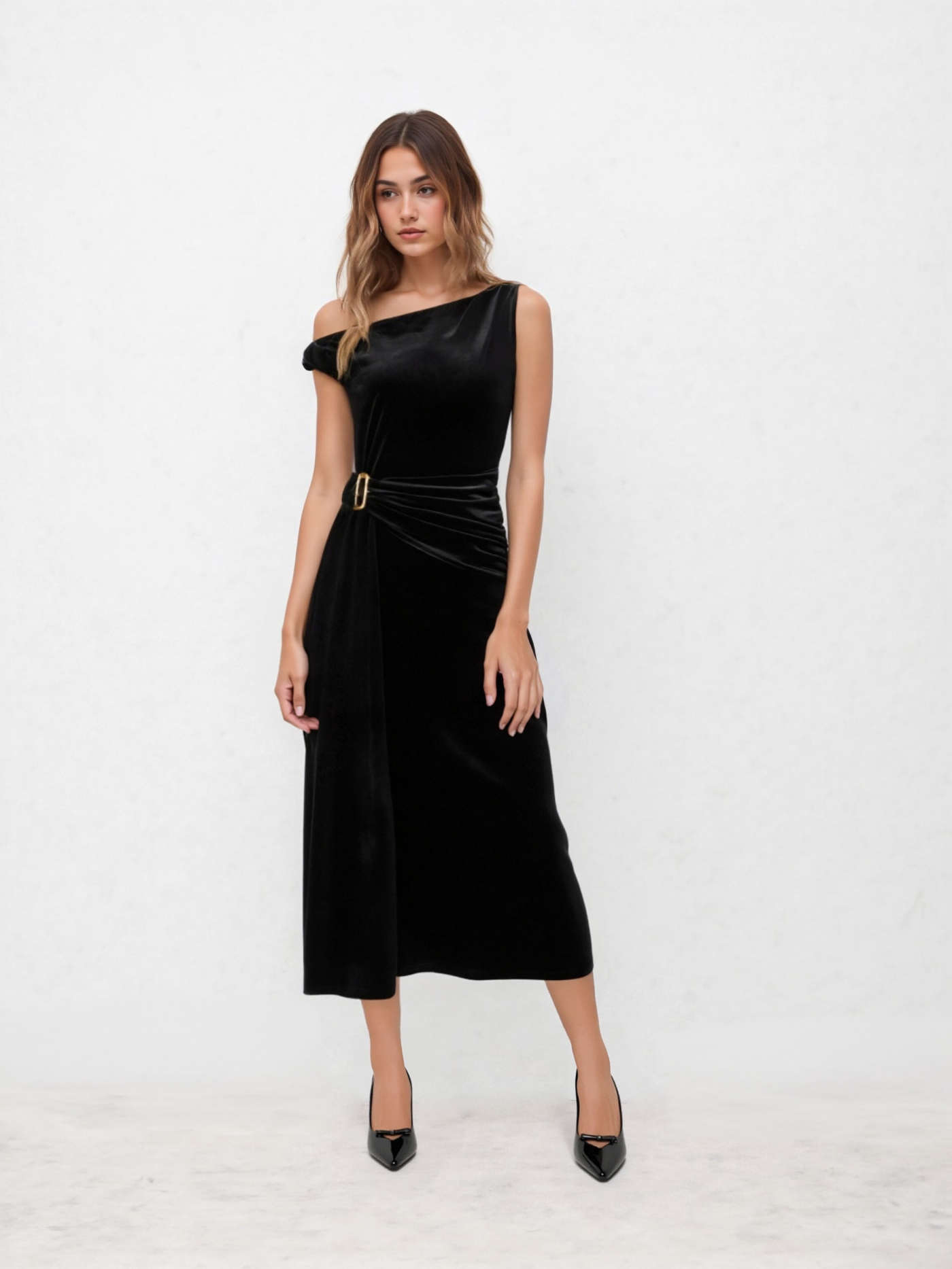Velvet Asymmetrical Neckline Draped Metal Detail Maxi Dress