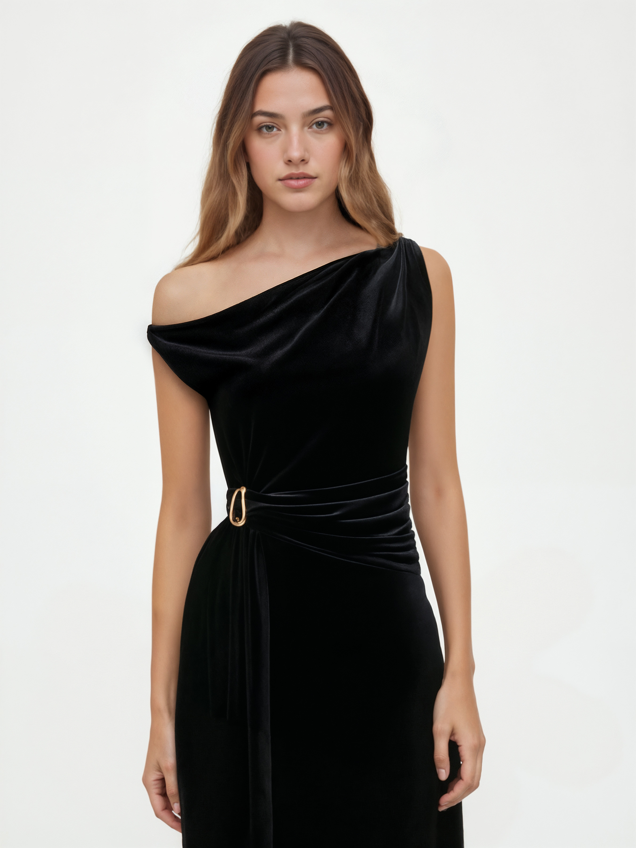 『Cider』無地シャーリング非対称チューブミディ・ドレス ホームカミングドレス ホコ・ドレス ニット生地 無地