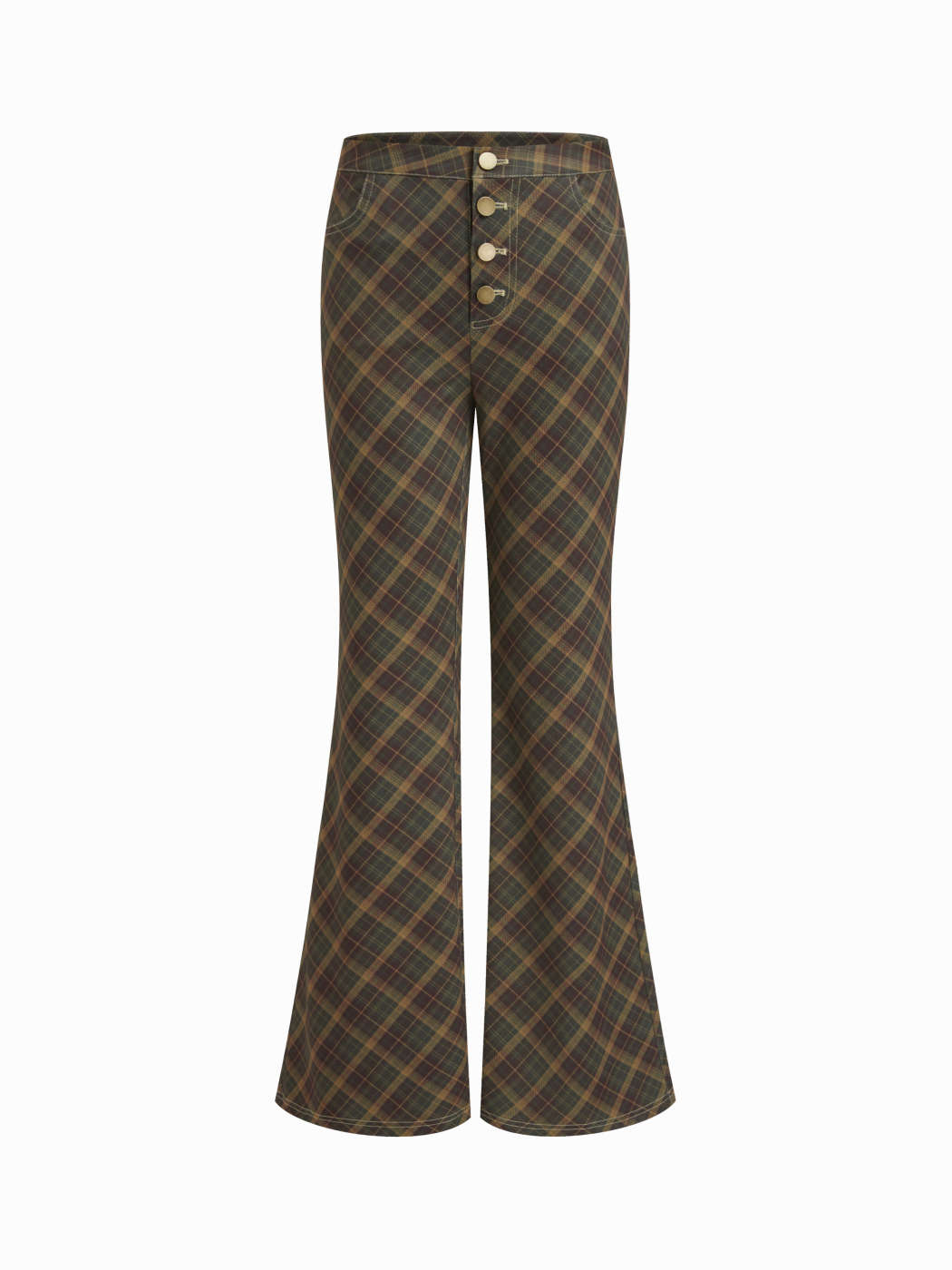 Knit Fabric Mid Rise Tartan Flared Trousers For Daily Casual