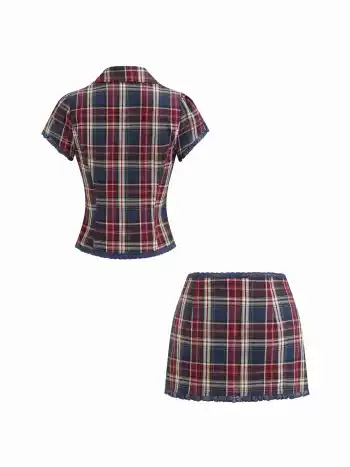 Cotton Plaid Collar Short Sleeve Blouse & Mid Rise Lace Trim Bowknot Mini Skirt Set