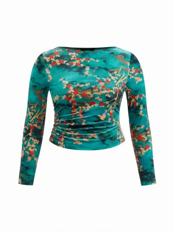 Top curvo e plus size in velluto con barchetta, fiori arricciati e maniche lunghe
