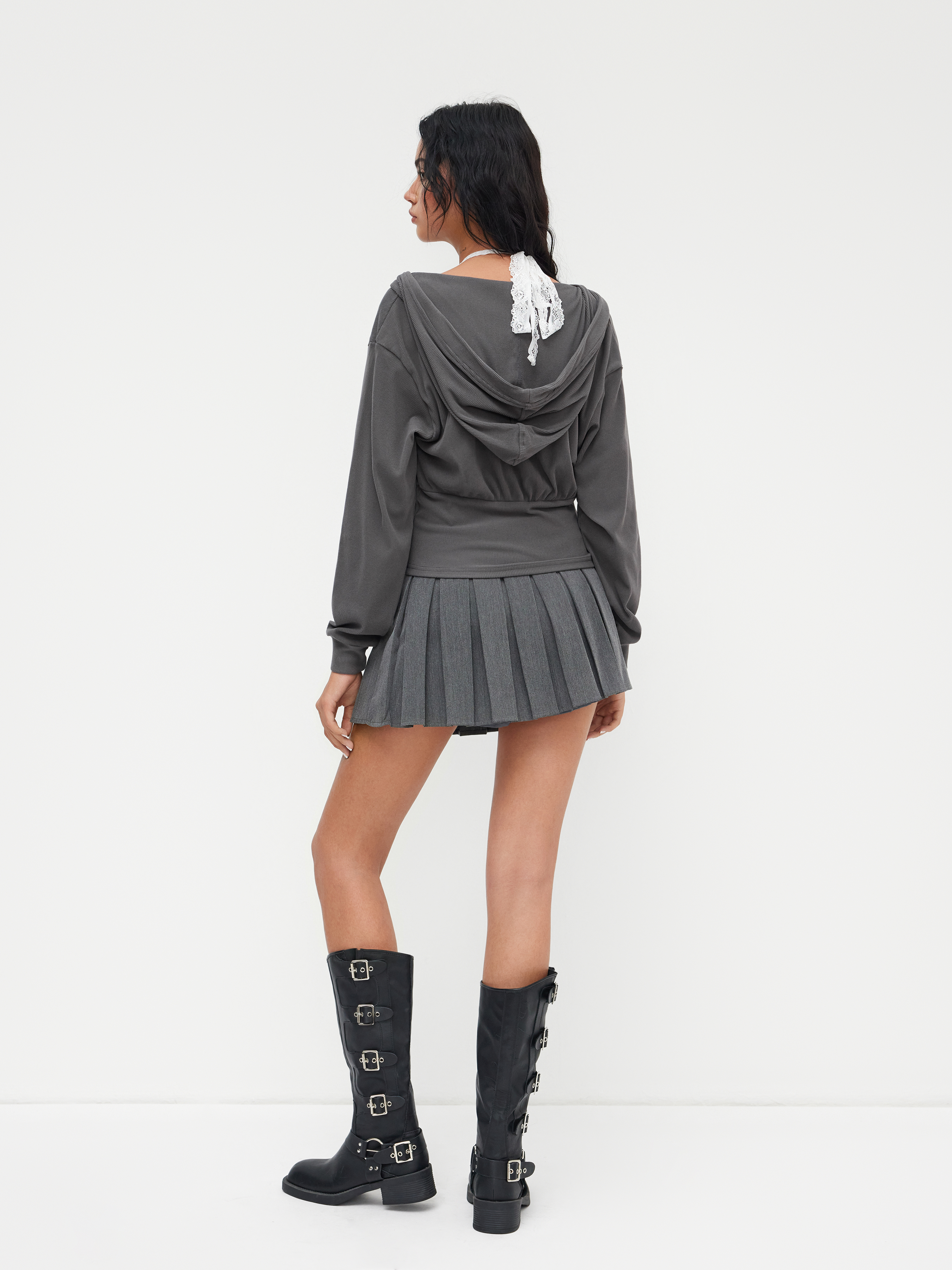 Rib Lace Halter Contrasting Binding Hoodie
