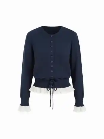 Zweifarbiger Strickcardigan mit Spitze, Zugschnürung und geknoteter Taillenumfassung