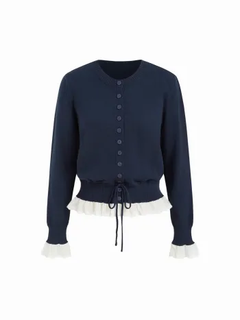 Zweifarbiger Strickcardigan mit Spitze, Zugschnürung und geknoteter Taillenumfassung