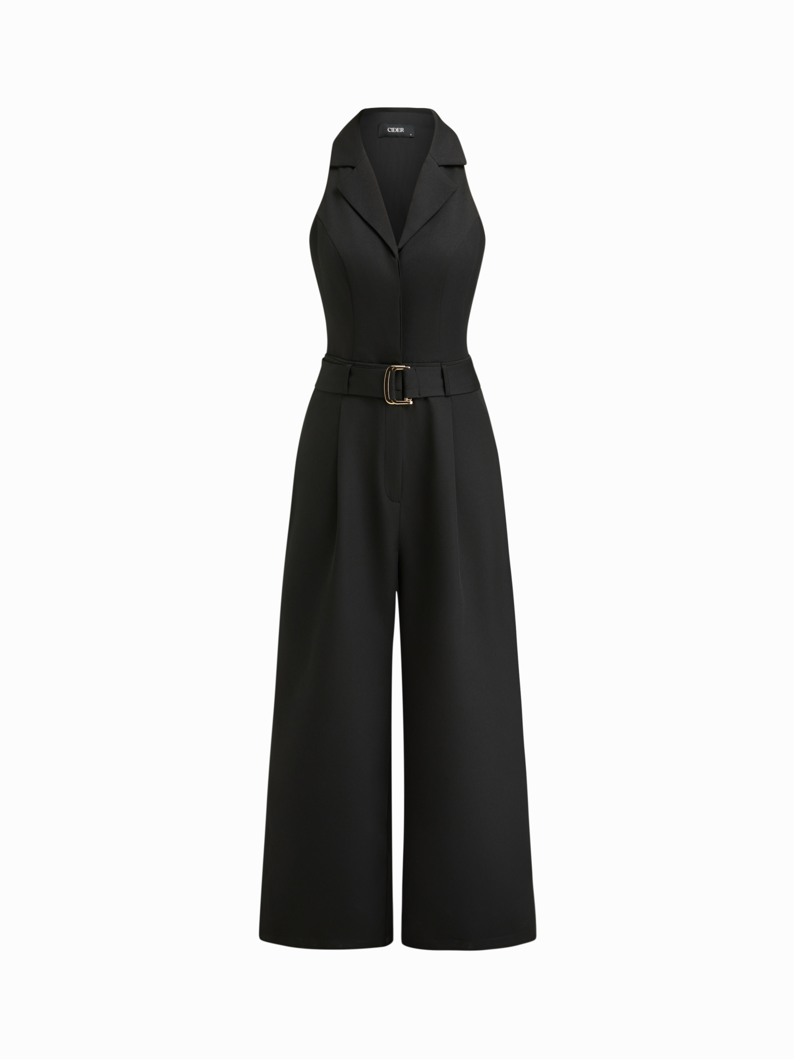 Woven Collar Solid Button Jumpsuit With Belt For Work
