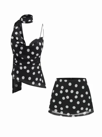 Top Cami con Scollo a Cascata Arricciato a Pois con Foulard e Mini Skort a Vita Media