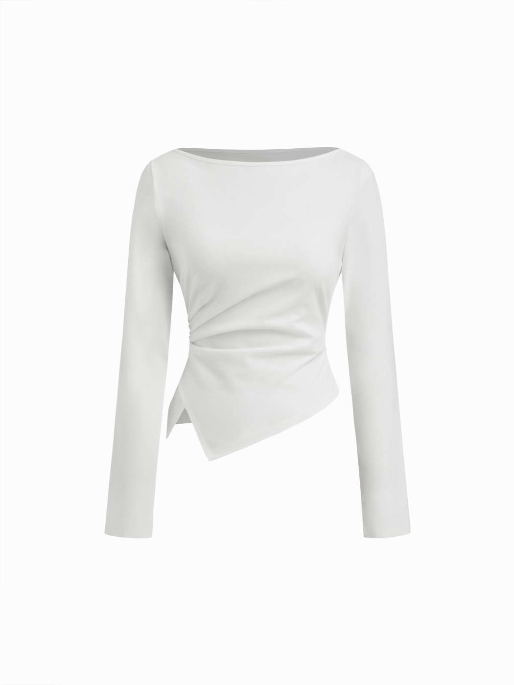 Cotton-blend Boat Neck Long Sleeve Ruched Asymmetrical Hem Tee