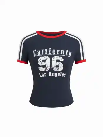96 Grafik Baumwollmischung Seitliche Streifen Kontrastnähte T-Shirt