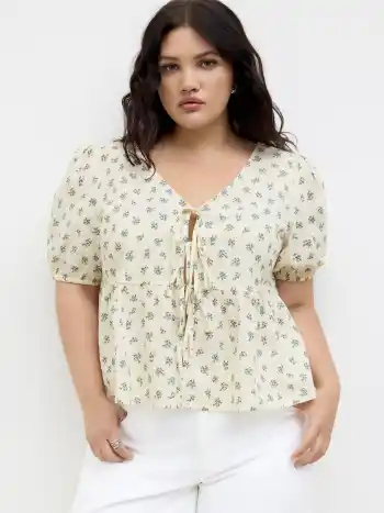 100% Cotton V-neck Floral Tie Front Blouse Curve & Plus
