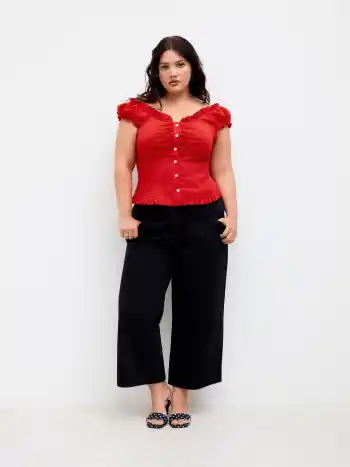 V-neck Lettuce Trim Shirred Blouse Curve & Plus