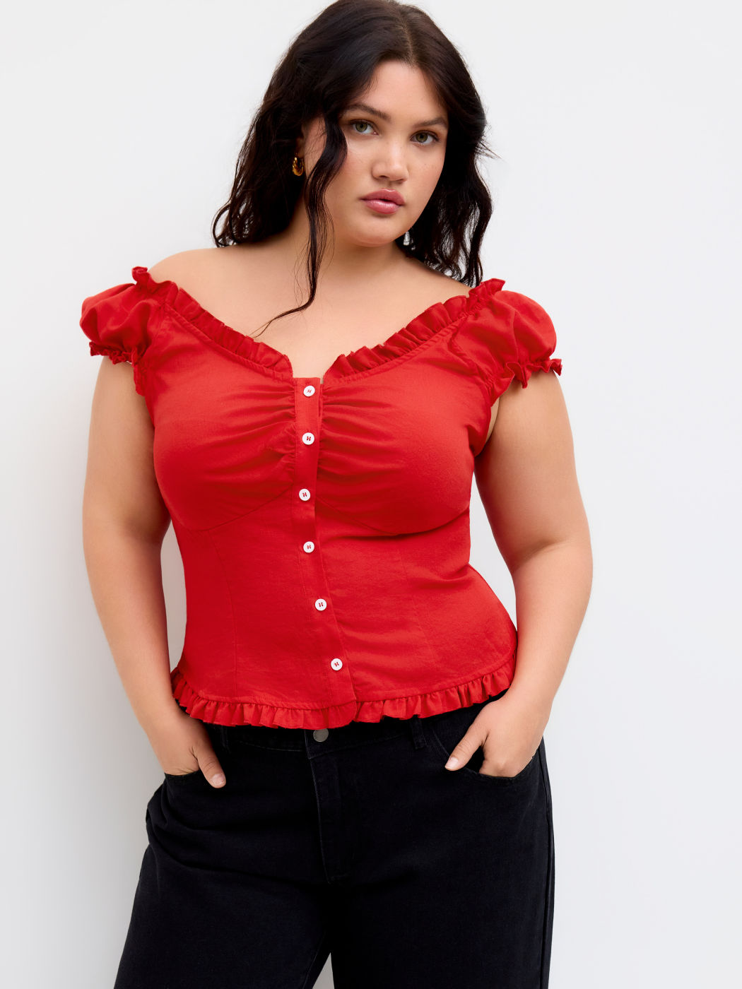 Blusa arricciata con scollo a V e orlo a lattuga Curve & Plus