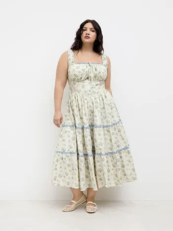 Cotton Ditsy Floral Contrasting Binding knotted Shirred Tiered Maxi Dress Curve & Plus