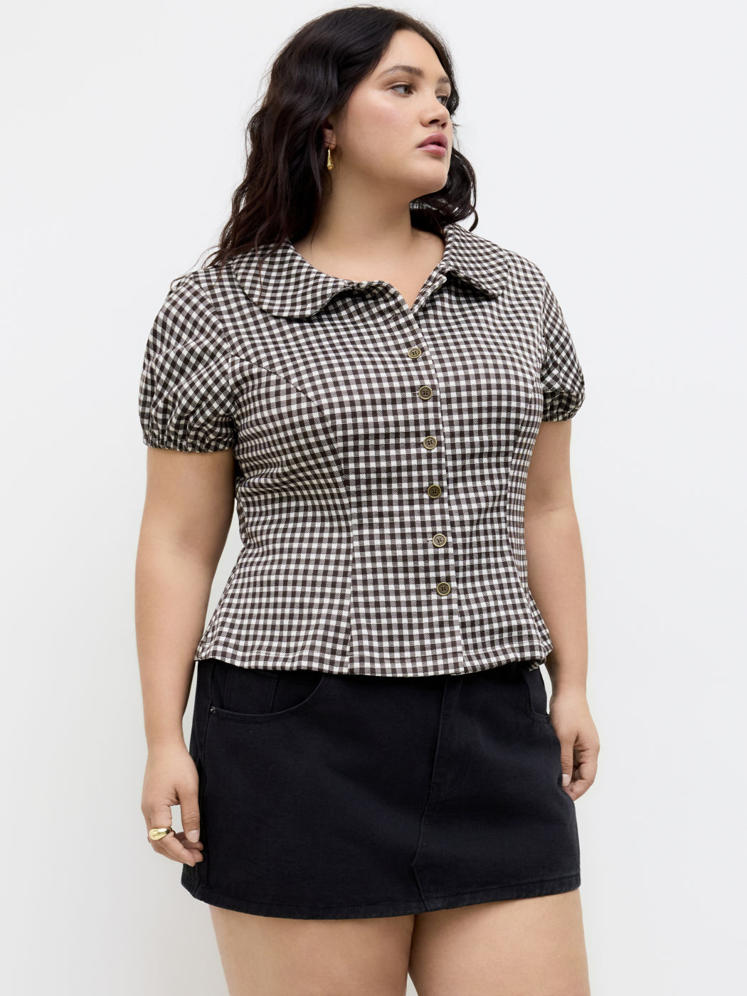 Blusa a quadri con colletto Peter Pan e maniche a sbuffo Curve & Plus