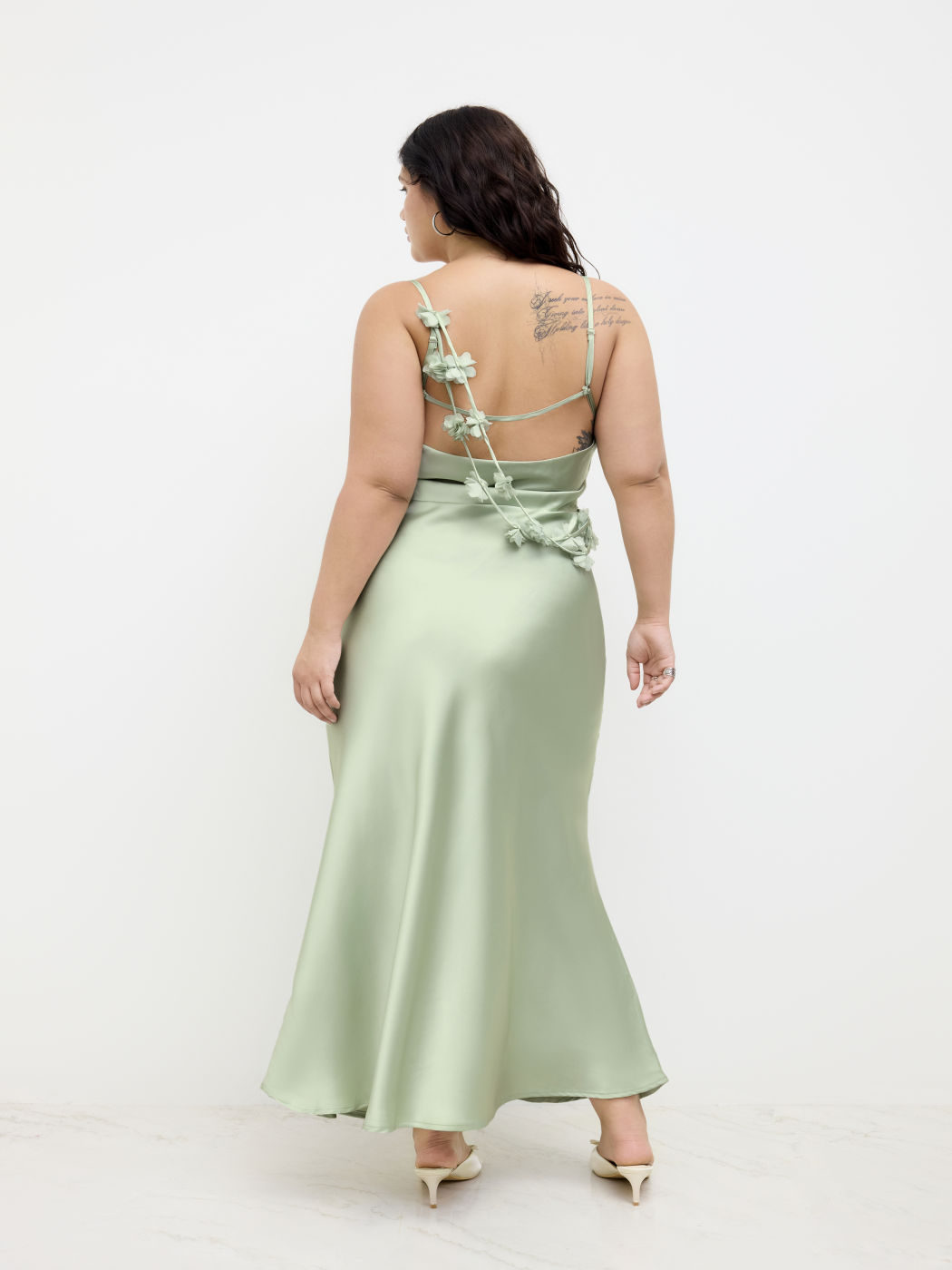 Satin Cowl Neck 3D Floral Ruched Mermaid Maxi Dress Curve & Plus