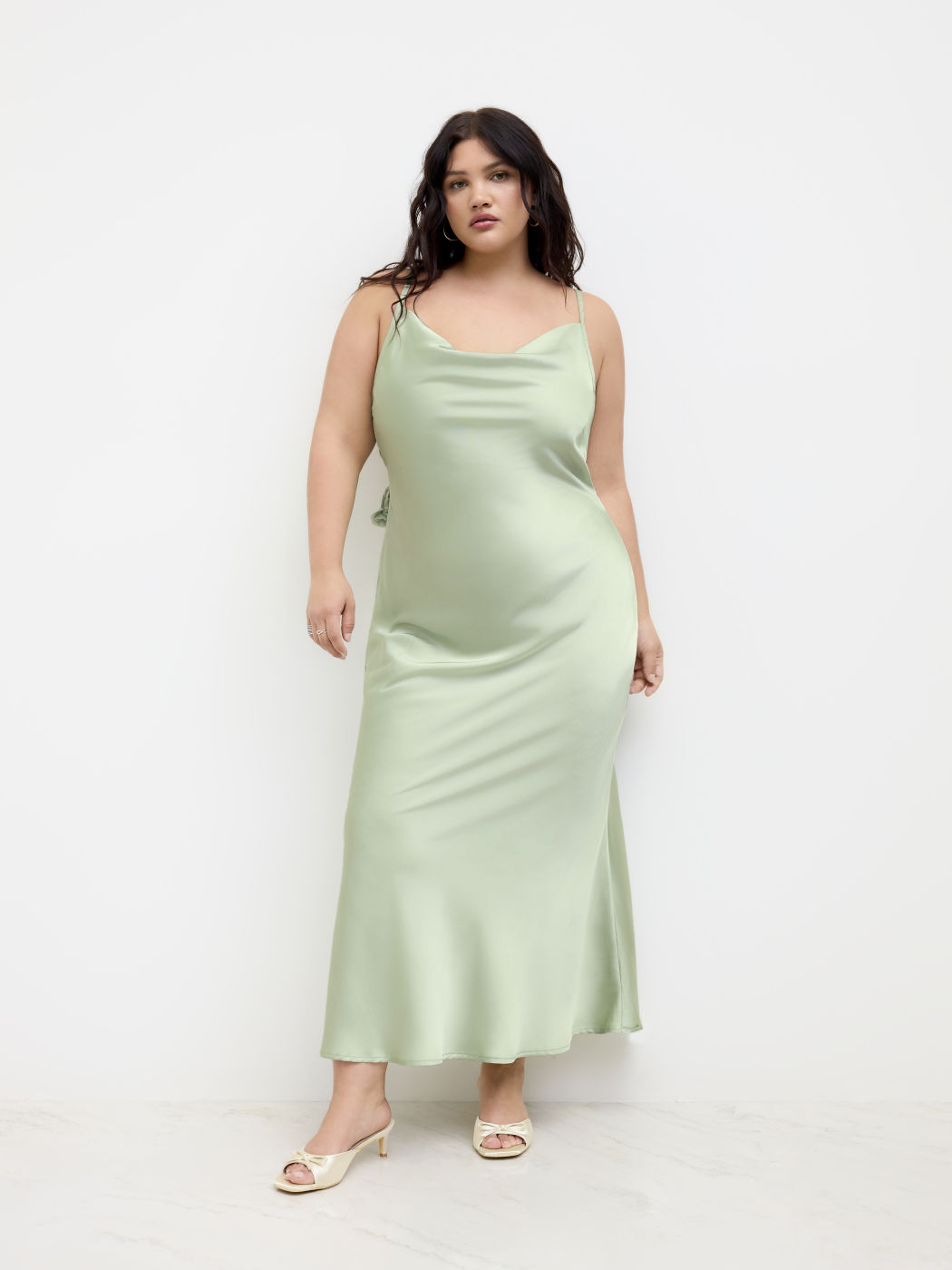 Satin Cowl Neck 3D Floral Ruched Mermaid Maxi Dress Curve & Plus