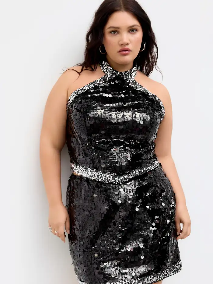 Sequin Halter Neckline Contrasting Binding Crop Tank Top