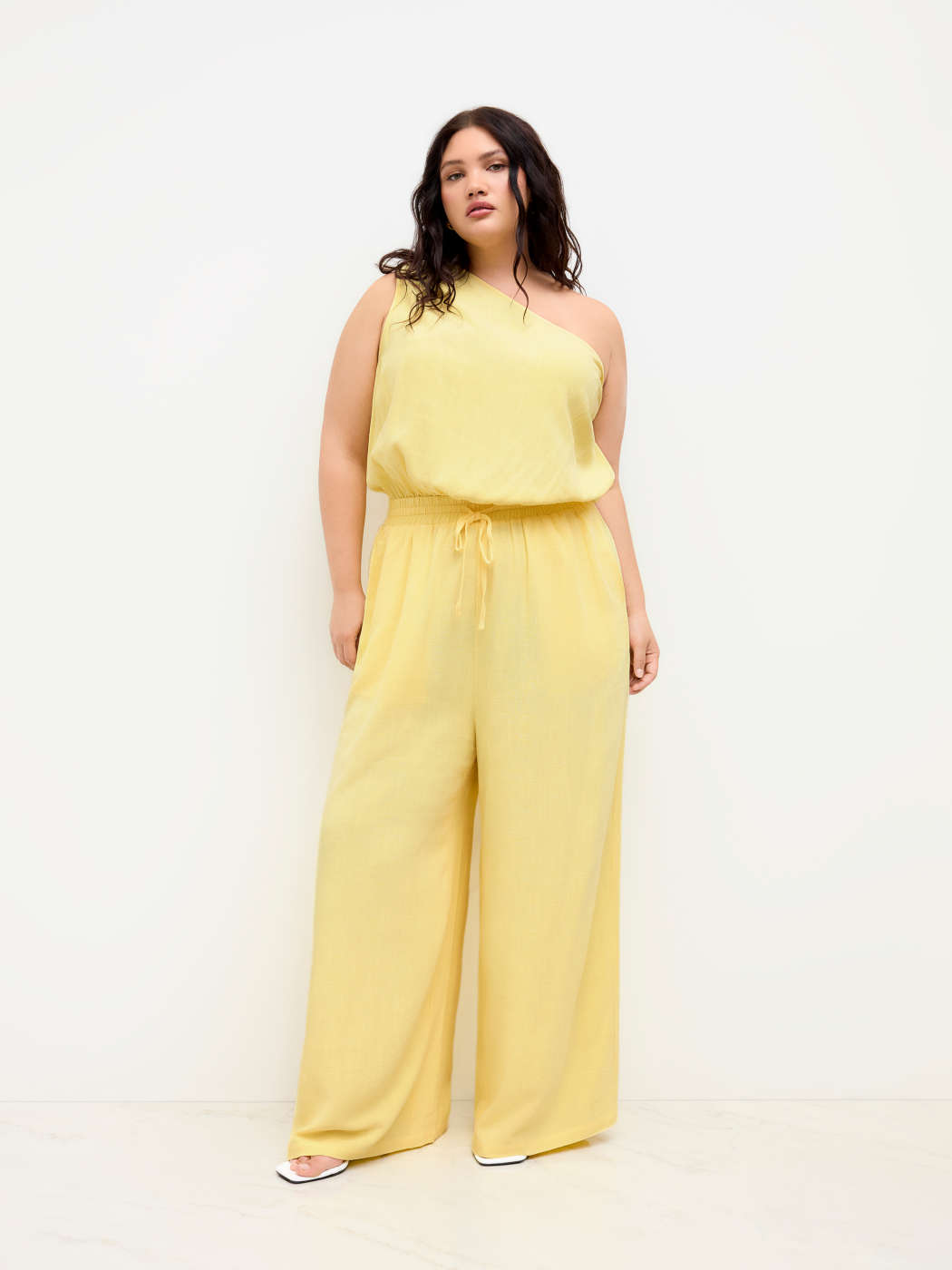 Woven Linen-blend Asymmetrical Neck Drawstring Jumpsuit Curve