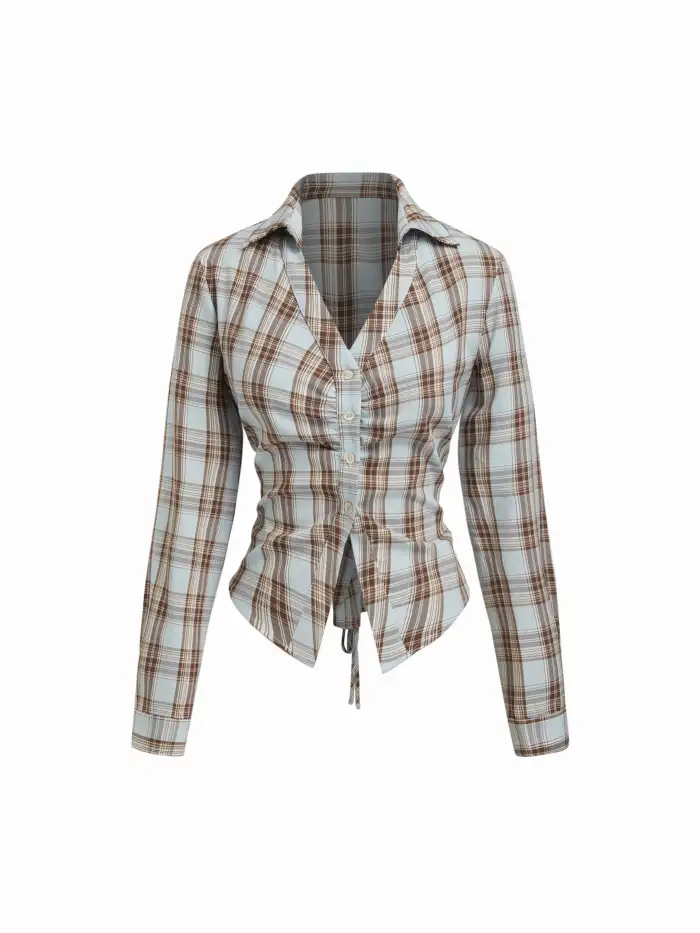 Collar Check Bell Sleeve Shirt