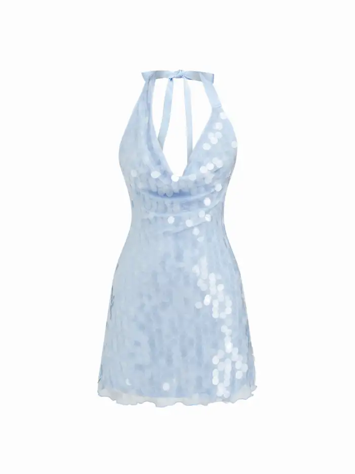 Sequin Halter Cowl Neck Backless Knotted Maxi Dress
