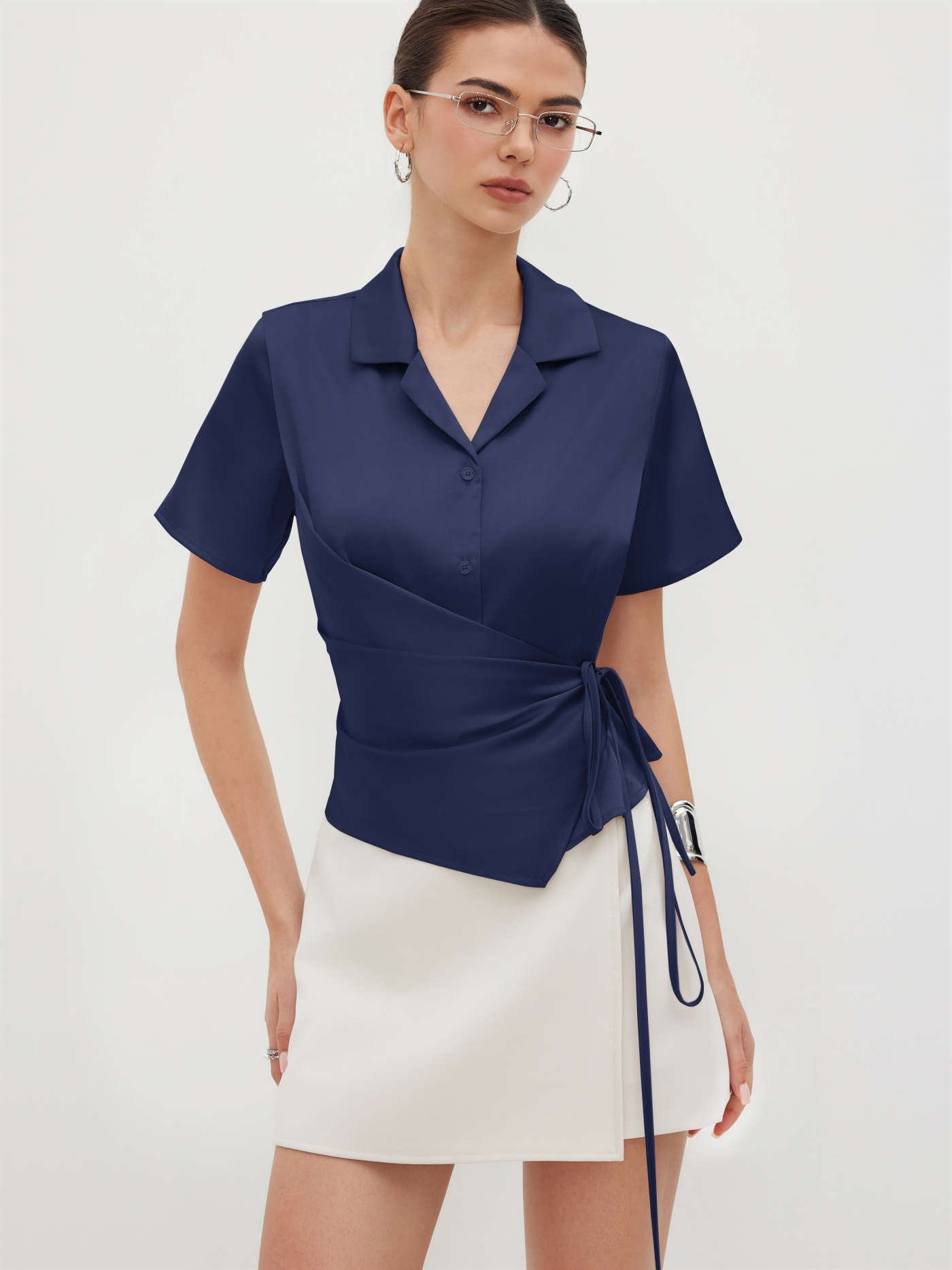 Satin Satin Collar Knotted Shirt For Work