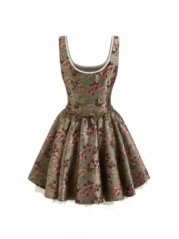 Mini abito a balze con volant con bordo a lattuga floreale con scollo a U in jacquard