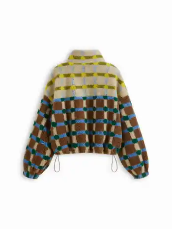 Giacca oversize con coulisse, collo alto in finta pelliccia e motivo a quadri bicolore