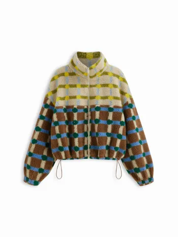 Giacca oversize con coulisse, collo alto in finta pelliccia e motivo a quadri bicolore