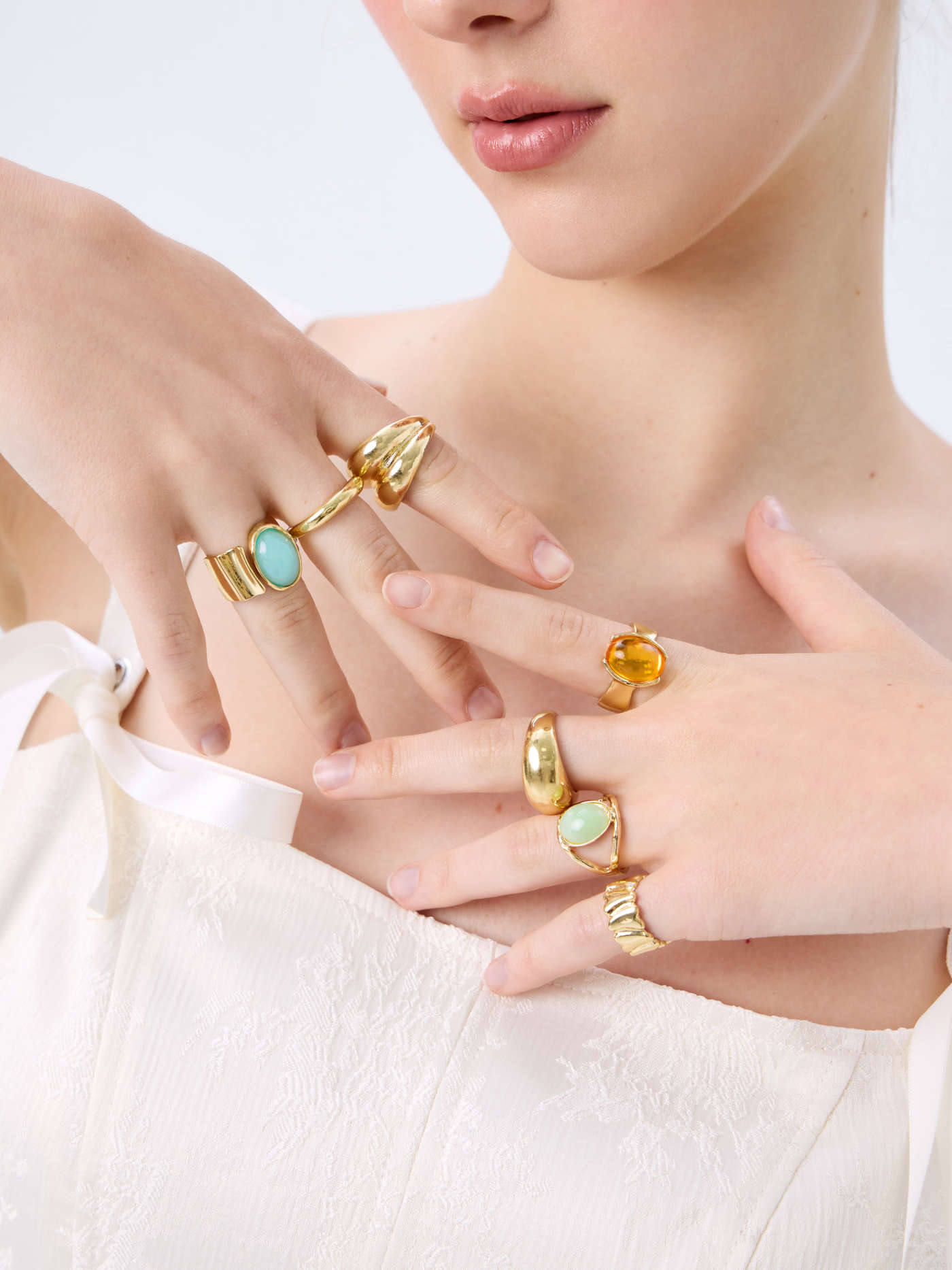 7PCS OVAL RESIN & HEART RING SET