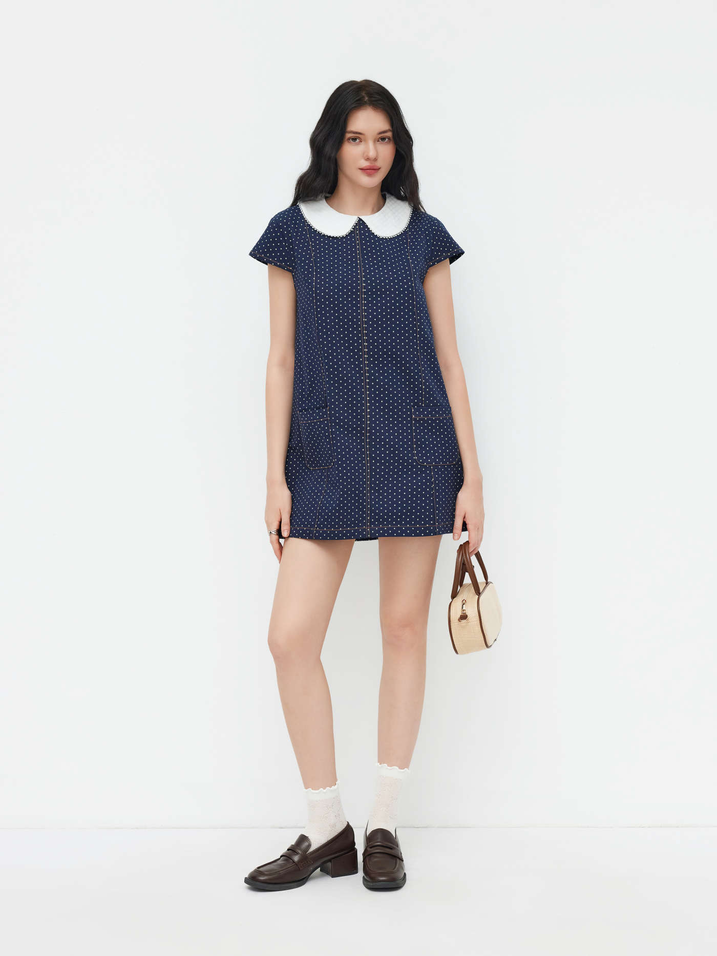 100% Cotton Peter Pan Collar Polka Dot A-line Mini Dress