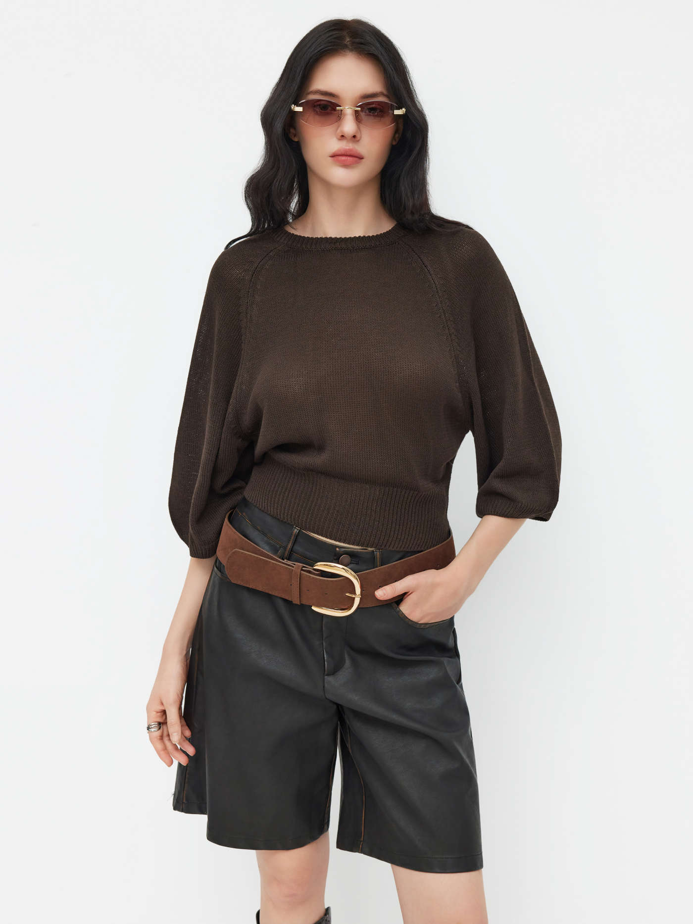Knit Round Neckline Lantern Sleeve Oversized Top