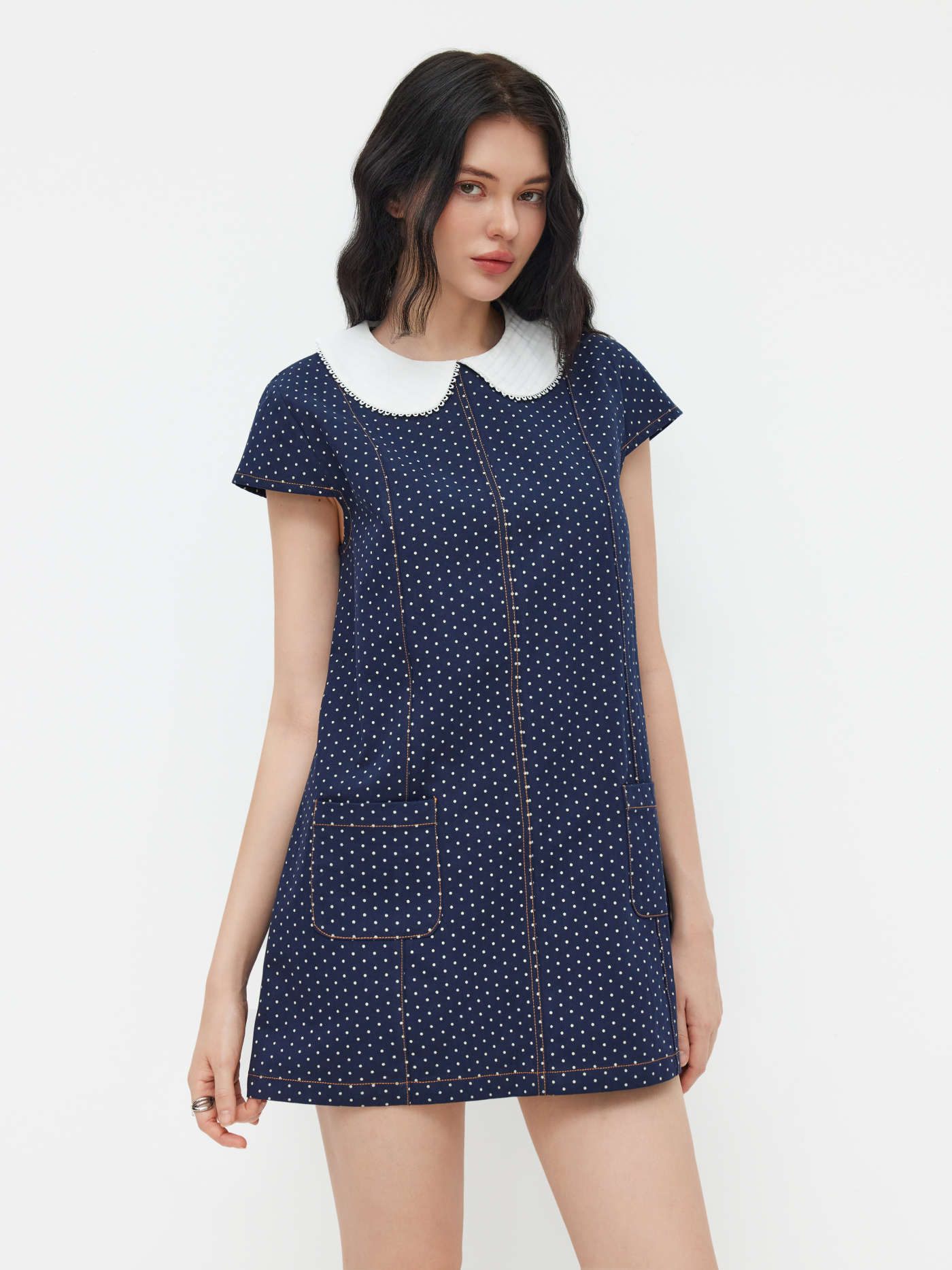 100% Cotton Peter Pan Collar Polka Dot A-line Mini Dress