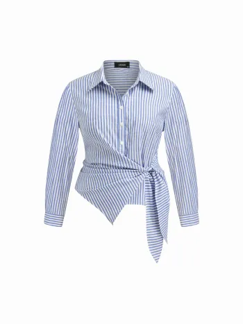 Cotton-blend Collar Stripe Knotted Long Sleeve Blouse Curve & Plus