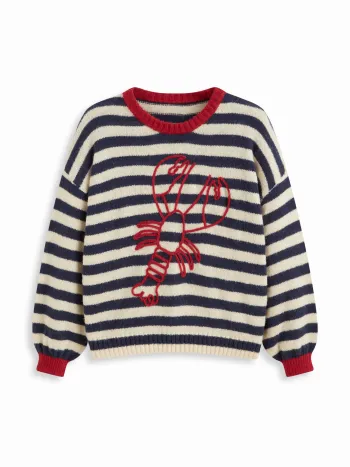 Maglia a Righe con Aragosta Grafica a Maniche Lunghe con Bordi a Contrasto Taglio Ampio Taglie Comode