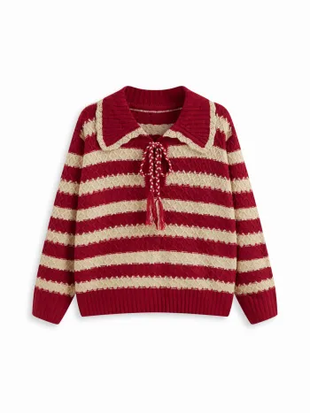 Maglione oversize lavorato a maglia con colletto a righe e nodo - Curvy & Plus