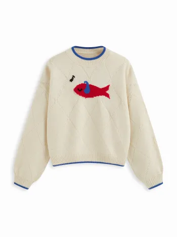 Top oversize in maglia con scollo rotondo, grafica di pesce e bordi a contrasto