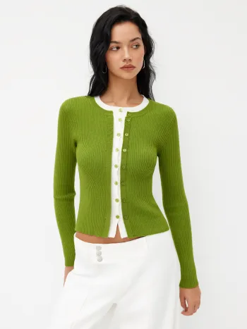 Strickoberteil mit Rundhalsausschnitt und Zweifarben-Design, Langärmelig