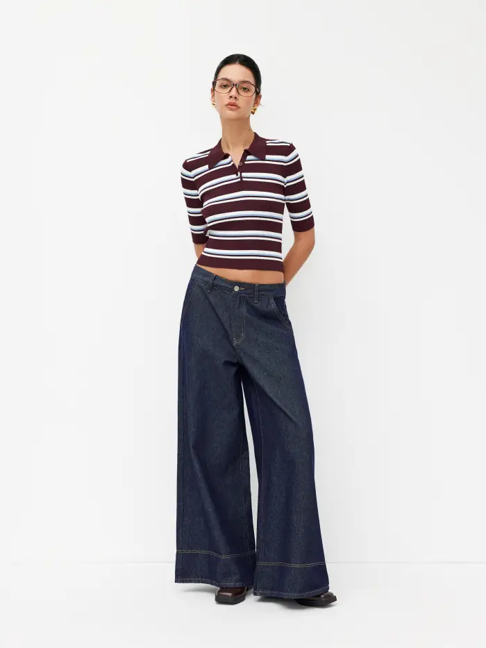 Knit Wool-blend Striped Collar Long Sleeve Top