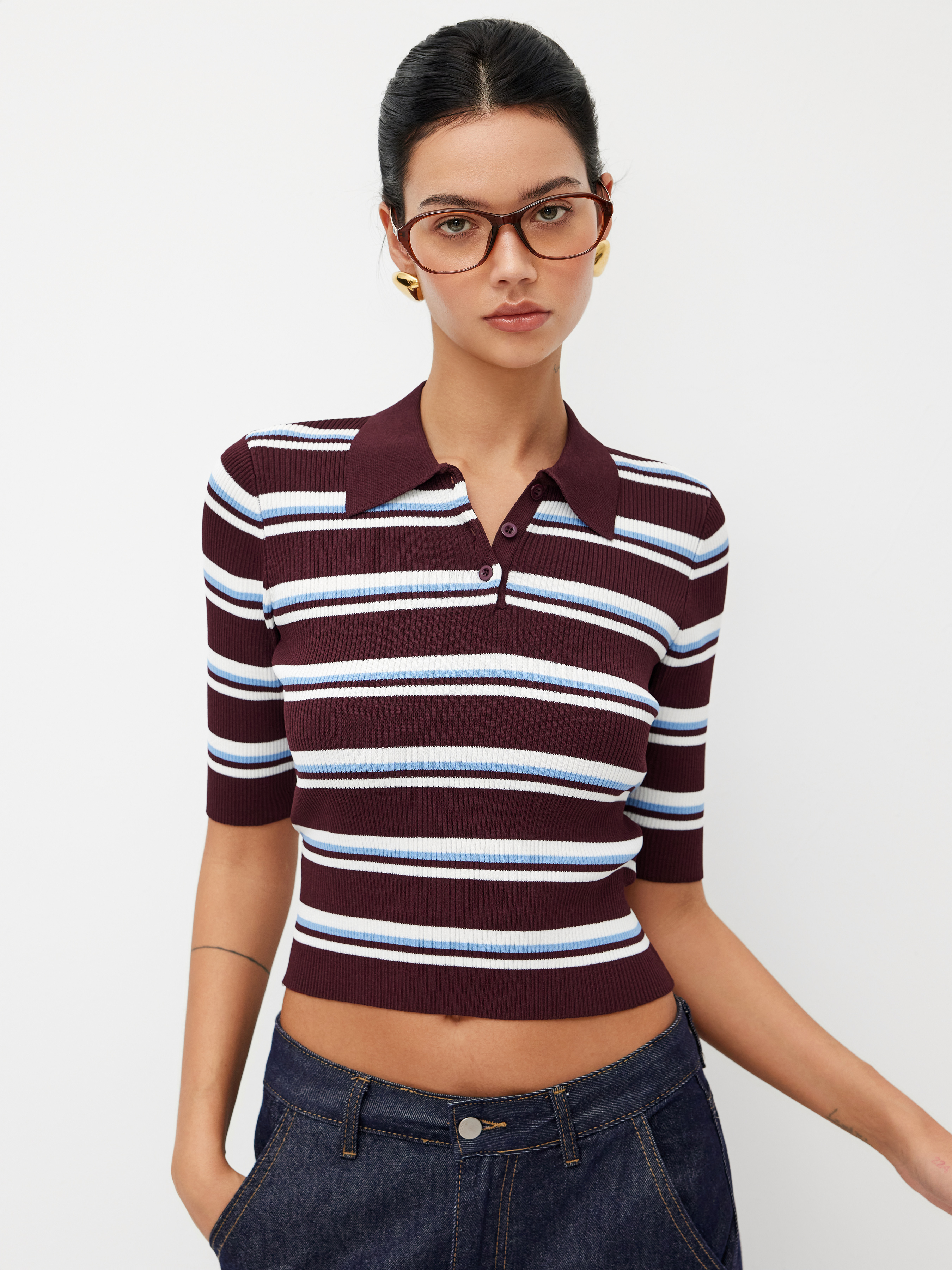 Knit Collar Stripe Button Mid-length Sleeve Top