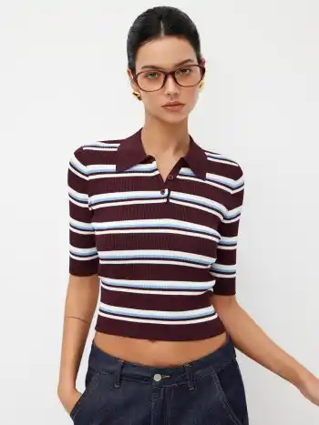 Knit Collar Stripe Button Mid-length Sleeve Top