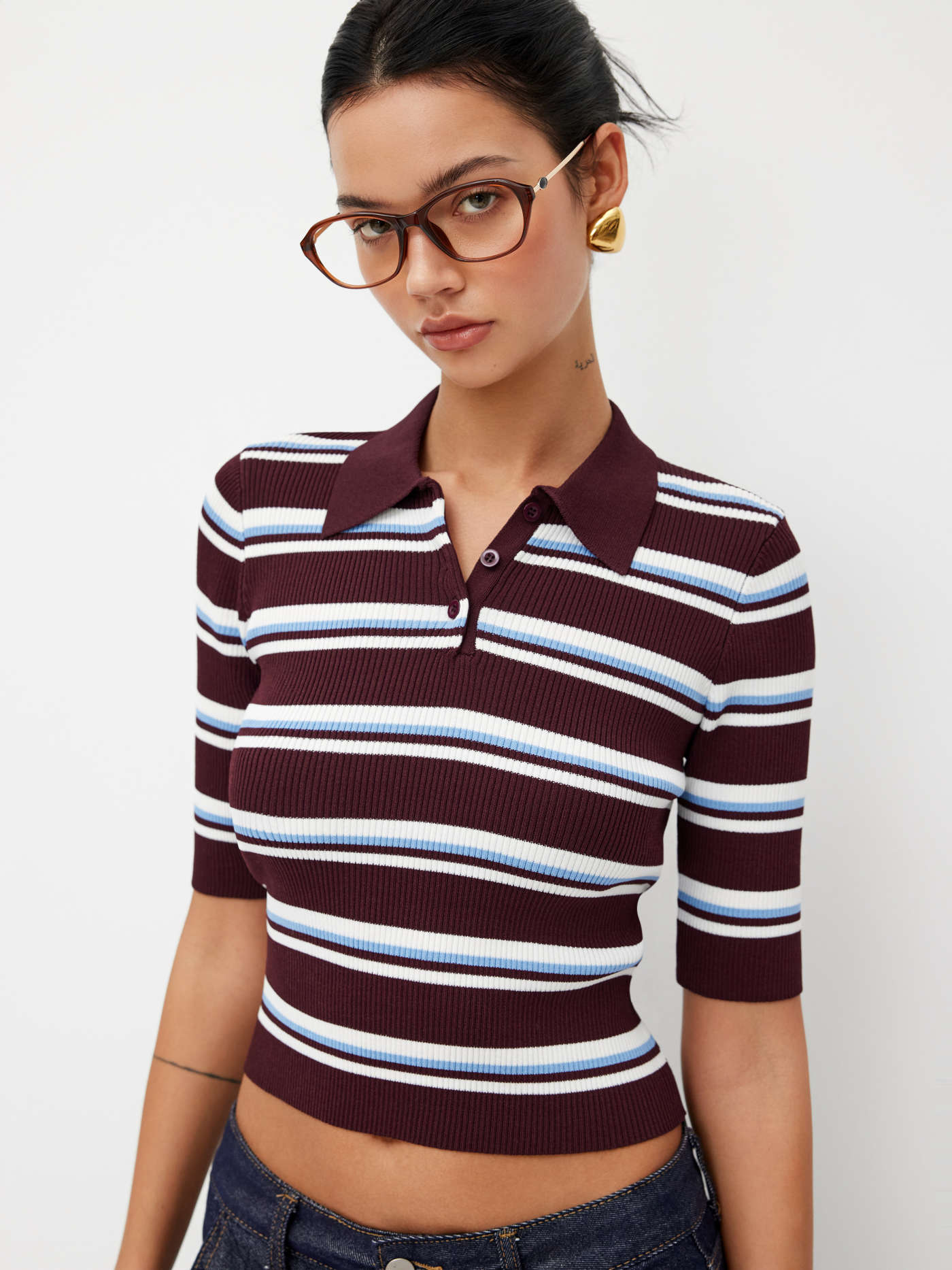 Knit Collar Stripe Button Mid-length Sleeve Top