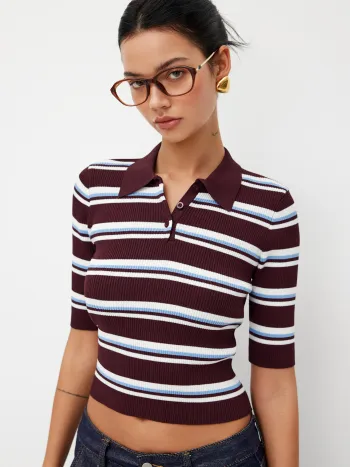 Knit Collar Stripe Button Mid-length Sleeve Top