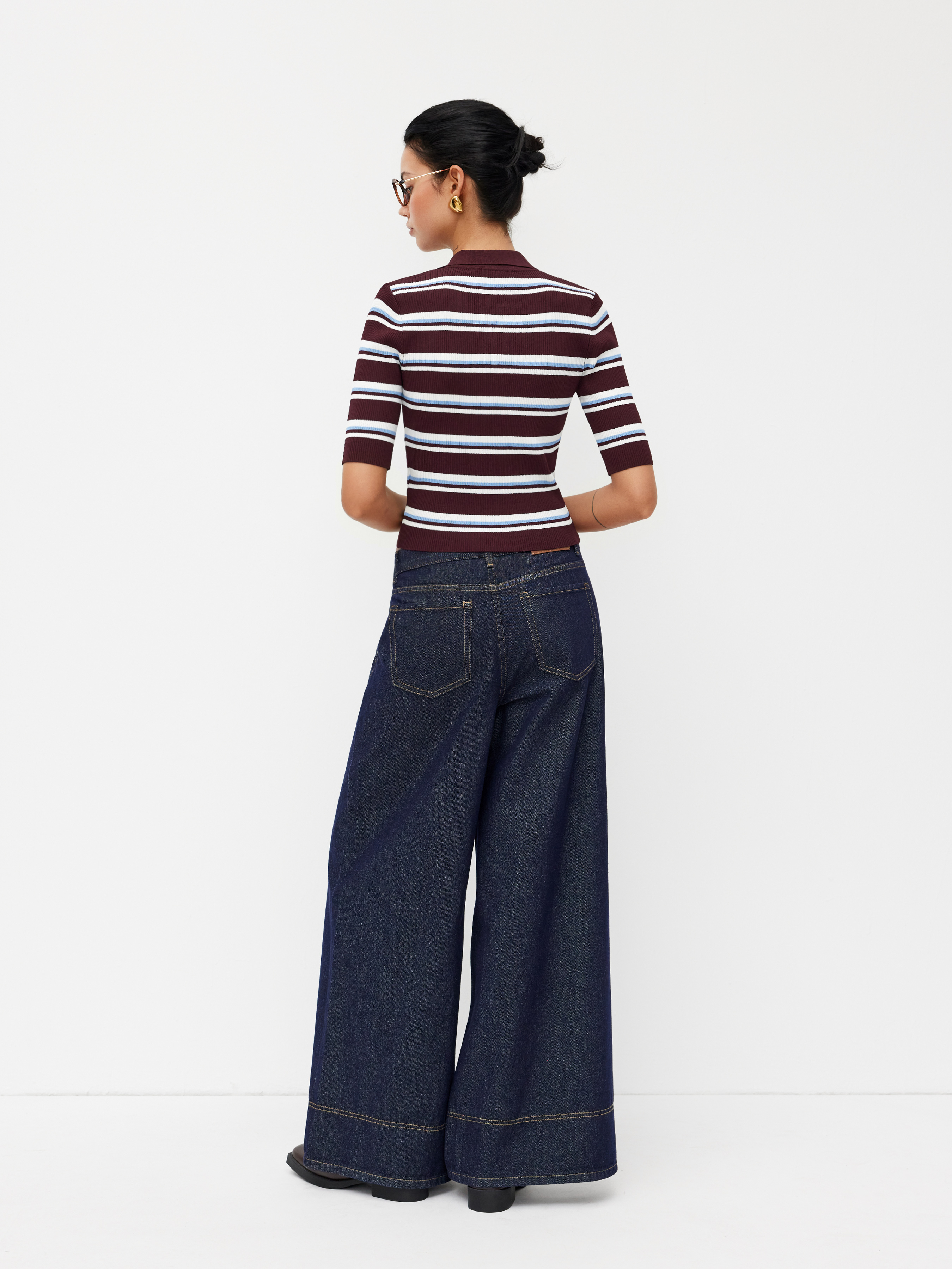 Knit Collar Stripe Button Mid-length Sleeve Top