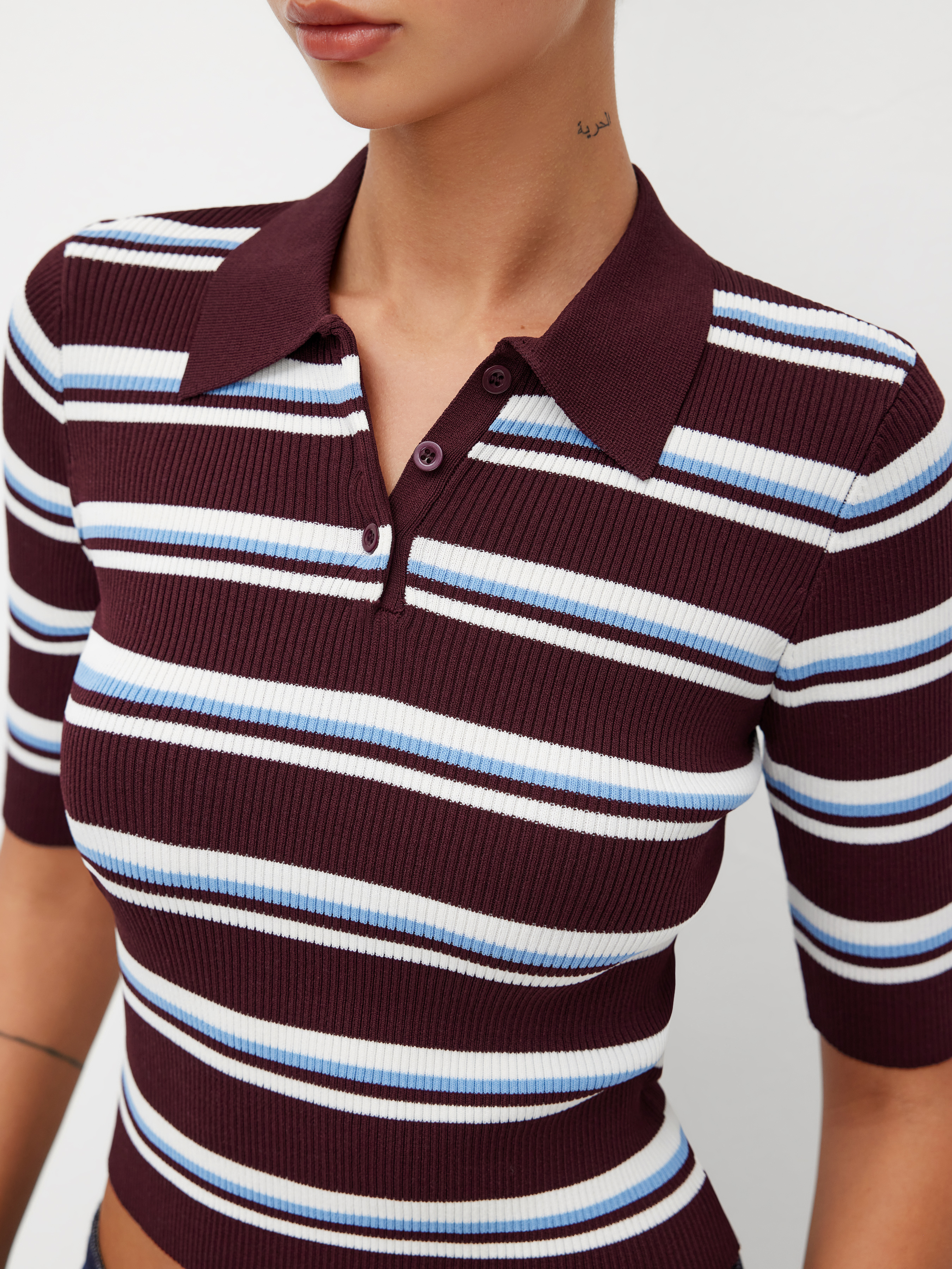 Knit Collar Stripe Button Mid-length Sleeve Top