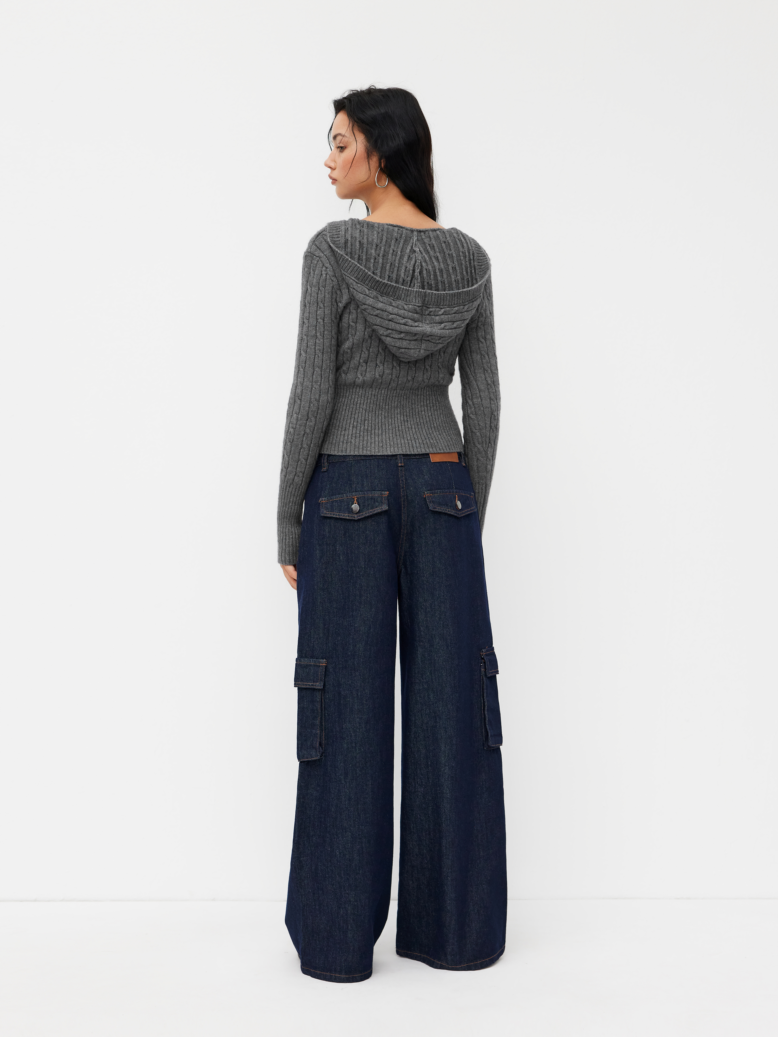 Cotton-blend Low Rise Elastic Waist Wide Leg Cargo Trousers