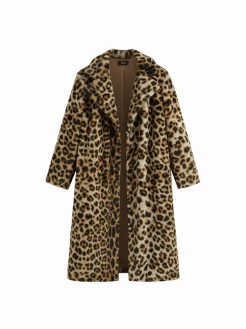 Cappotto in pelliccia sintetica con bottoni e colletto con revers Leopard