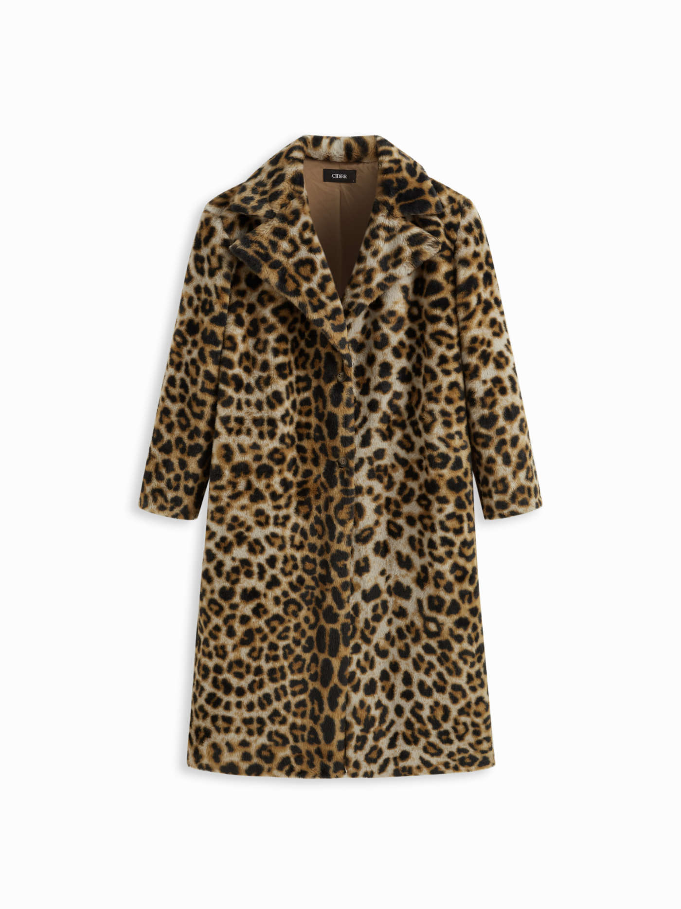 Leopard Notched Collar Button Faux Fur Coat
