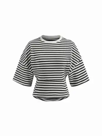Baumwollmischung Streifen Rundhals Mittelarm Tee mit eingeschnürter Taille