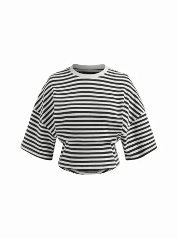 Baumwollmischung Streifen Rundhals Mittelarm Tee mit eingeschnürter Taille