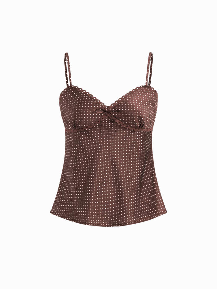 Woven Sweetheart Neckline Polka Dot Lace Trim Knotted Cami Top For Daily Casual