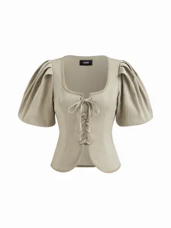 Set Top a maniche a lanterna con fiocco frontale annodato a righe e scollo a U in misto cotone e mini gonna plissettata a vita media